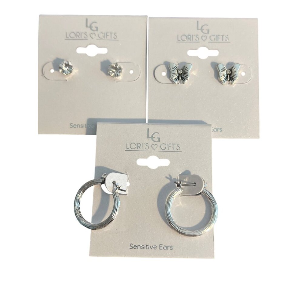 Lori's Gifts 3 Pair Silver Tone Earrings Hoops Studs Butterfly Rhinestone NEW